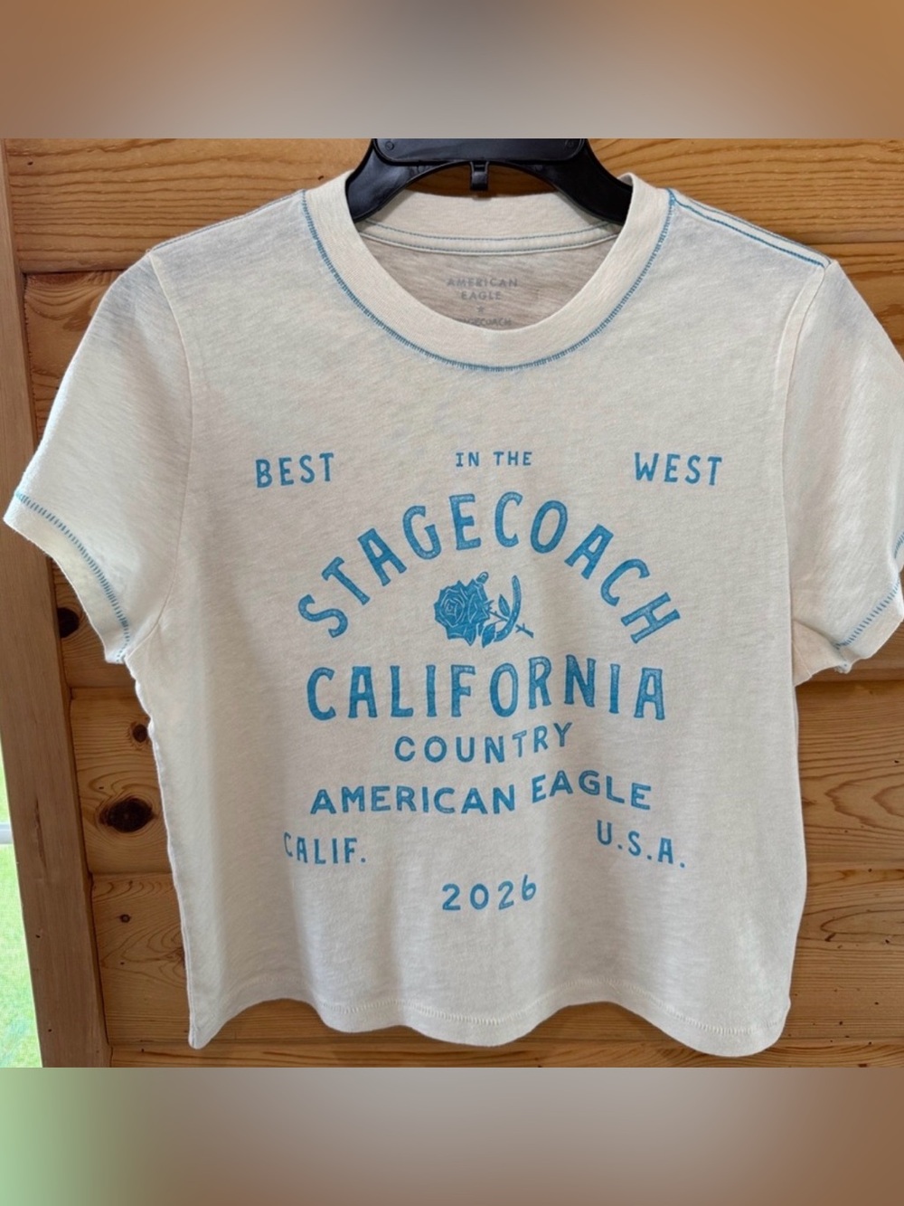 NWOT AE Stagecoach California Graphic Tee- Cream with Blue Print Medium